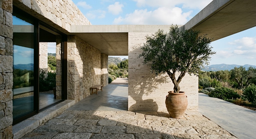 A meditative, architectural analysis of texture and form within a Mediterranean-inspired courtyard