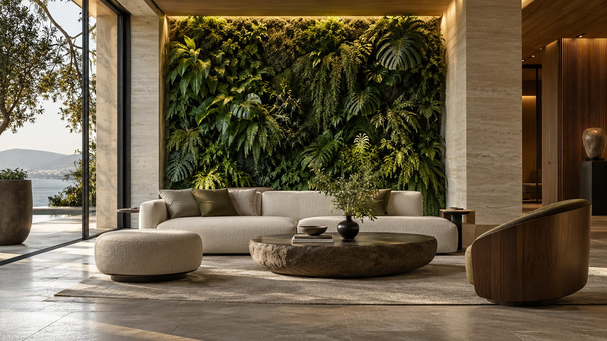 Luxury modern interior featuring custom faux plant live wall framed by travertine, warm wood, and sculptural furnishings.