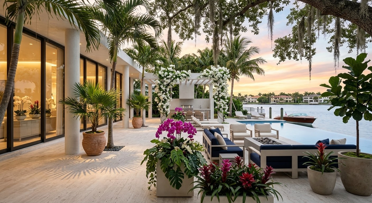 An aerial view captures a sophisticated high-end rooftop terrace with multiple dark-frame pergolas