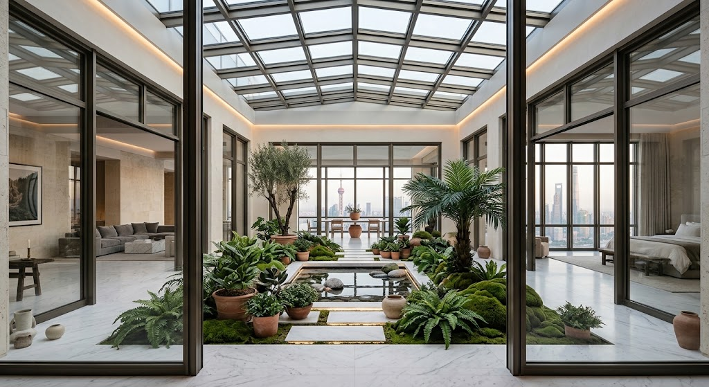 An interior view of a luxury modern penthouse apartment designed as a glass-walled atrium, with a central indoor garden courtyard under a gridded skylight.