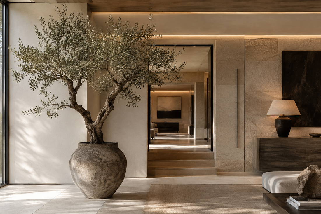Faux olive tree with irregular branches in a luxury interior