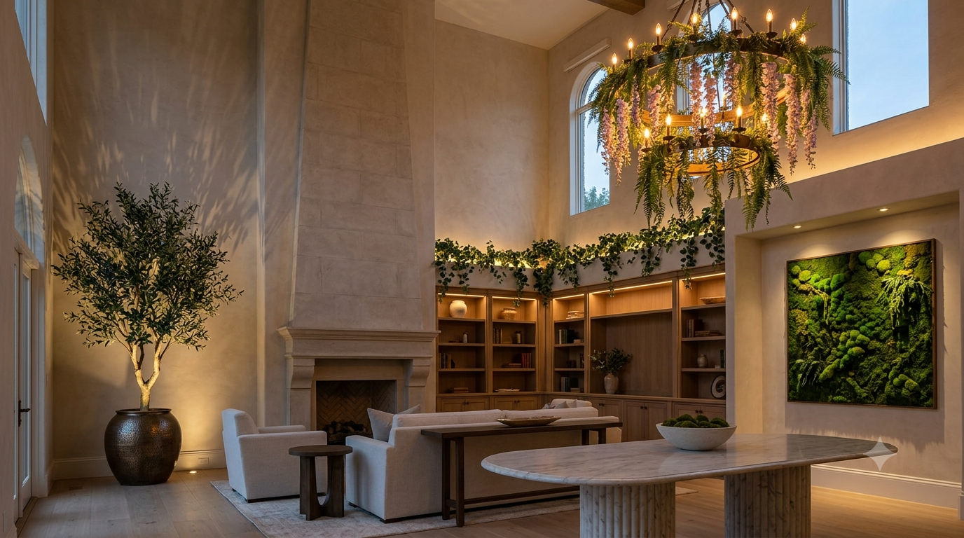 Jardin Du Monde luxury faux plants and warm 2700K architectural lighting transform a grand estate living room with custom moss wall art and statement uplighting.