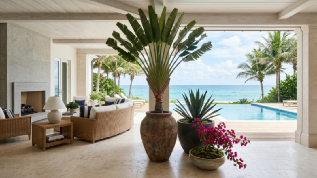 Luxurious lanai with infinity pool and architectural plants