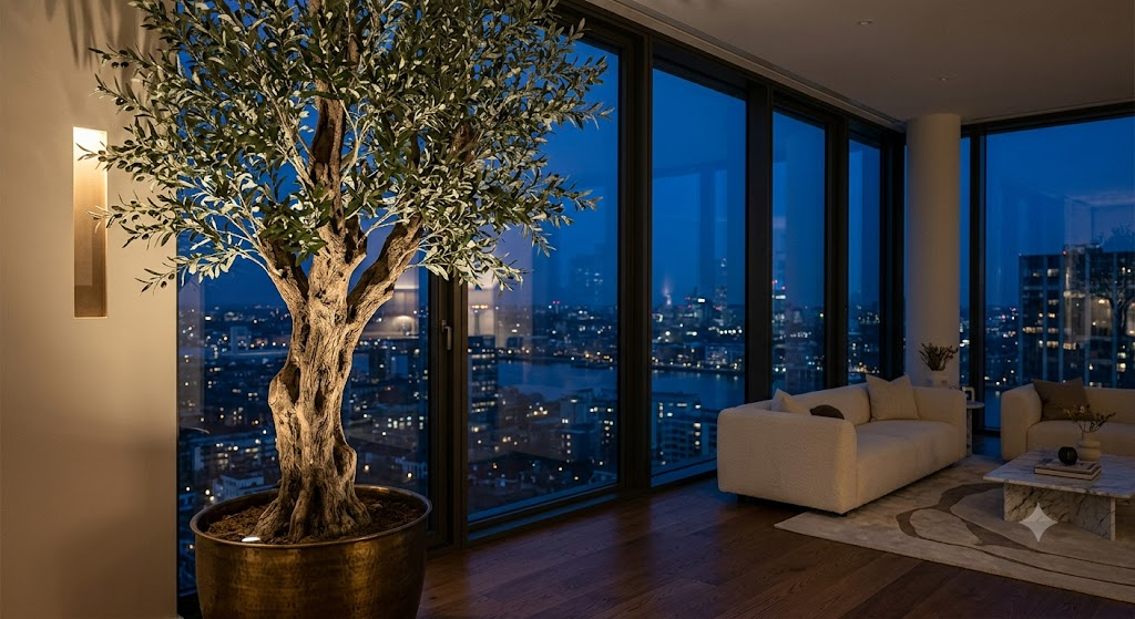 artificial olive tree for sale from Jardin du Monde set in a bronze planter beside a floor-to-ceiling window in a luxury high-rise interior