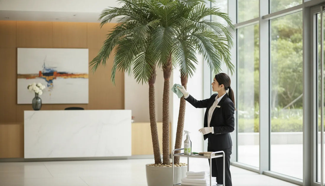 Cleaner dusting an artificial palm tree with a microfiber cloth.