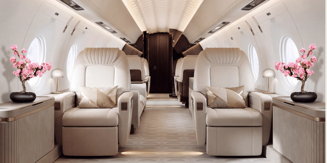 Artificial plants and succulents in a modern aviation interior.