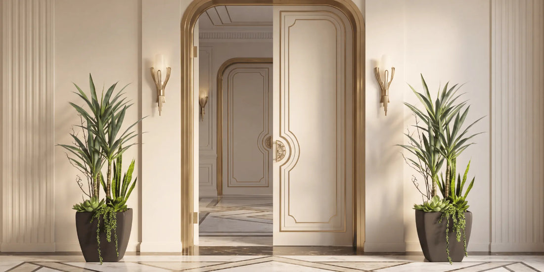 Sculptural olive branches arranged in a refined stone-finish planter in a sunlit, elegant residence