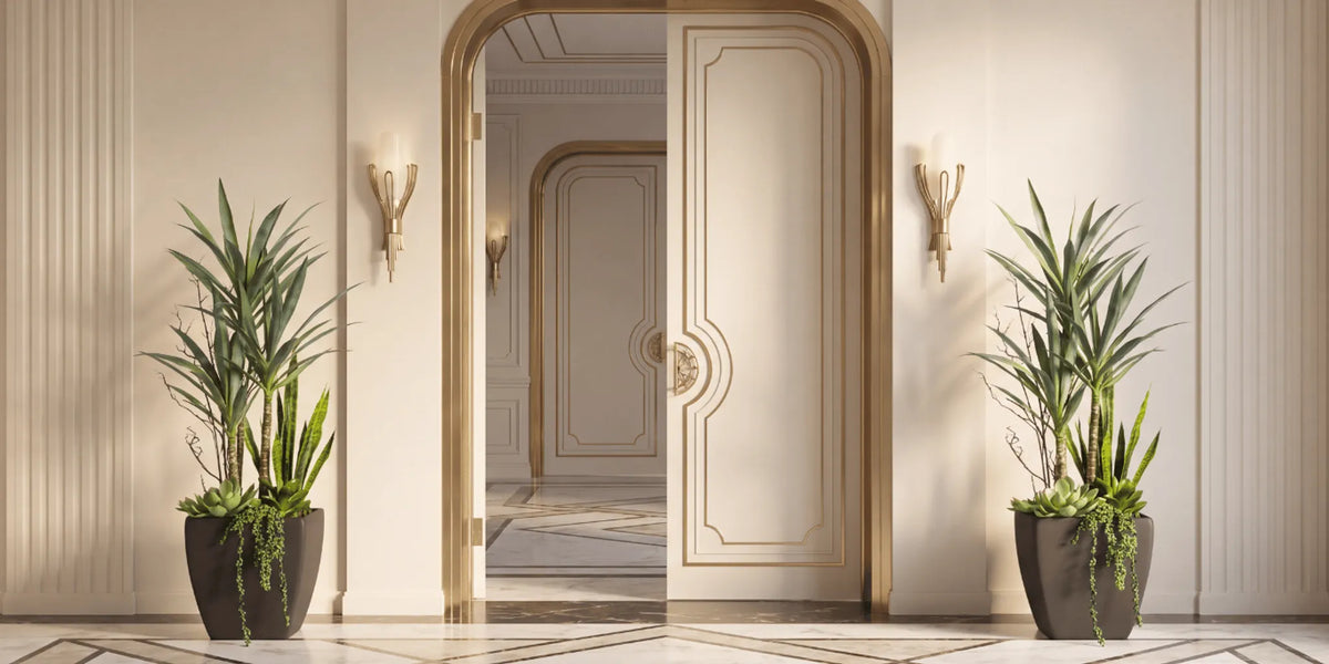 Sculptural olive branches arranged in a refined stone-finish planter in a sunlit, elegant residence